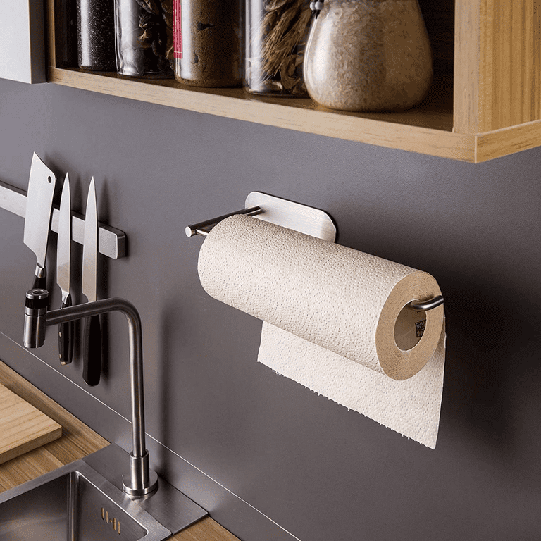 Paper Towel Holder Under Cabinet,1PCS Under Cabinet Black Paper Towel  Rack,Both Available in Adhesive and Screws,SUS304 Stainless Steel  Self-Adhesive