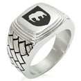 thumbnail image 1 of Stainless Steel Elephant Strength Coat of Arms Shield Geometric Pattern Step-Down Biker Style Polished Ring, 1 of 1