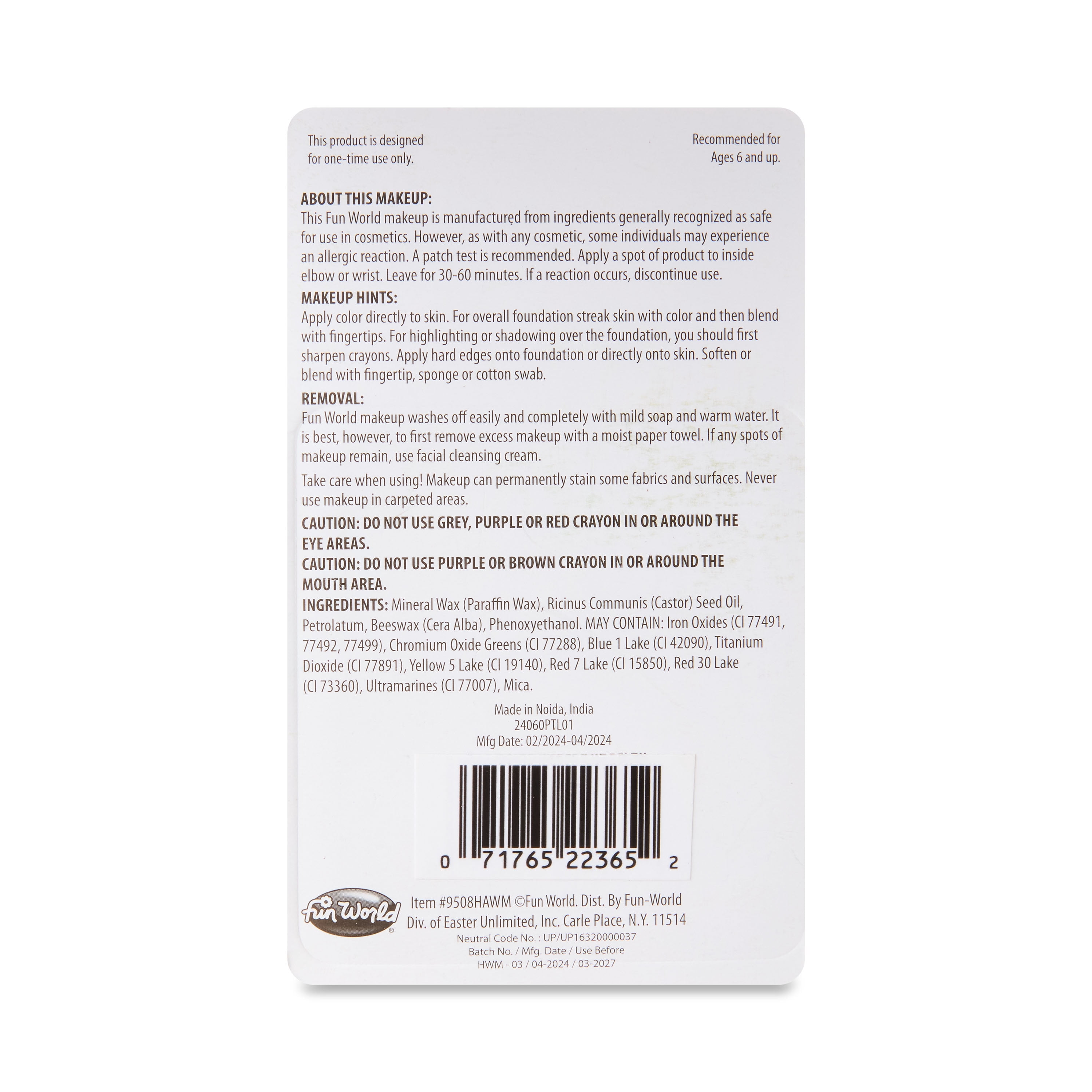 Horror Multicolor Make-up Crayons, 5 Count, .48oz, Halloween Make-Up for Adults, by Fun World