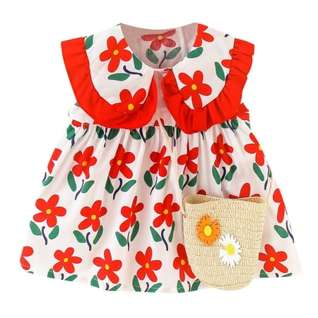 

GWAABD Girls Casual Dresses Red Polyester Toddler Baby Girls Peter Pan Collar Flower Dress Princess Dress+Bag 100