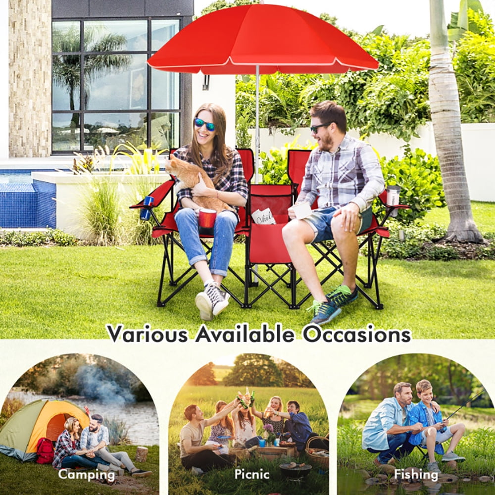 Aimee Lii Portable Folding Picnic Double Chair With Umbrella, Outdoor Beach Chair with Umbrella, Red Aimee Lii Portable Folding Picnic Double Chair With Umbrella, Outdoor Beach Chair with Umbrella, Red