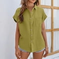 thumbnail image 2 of French Style Linen Shirt - Women's Rolled Sleeve Summer Top, Relaxed Fit Cropped Cotton Blouse | Yubnlvae (Green | L), 2 of 4