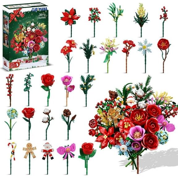 25 Pack Christmas Flower Bouquet Building Blcoks Set with Light, Flowers Botanical Rose Santa GingerMan Collectibles, Artificial Plant Home Decor Party Favor, Christmas Decoration Gifts