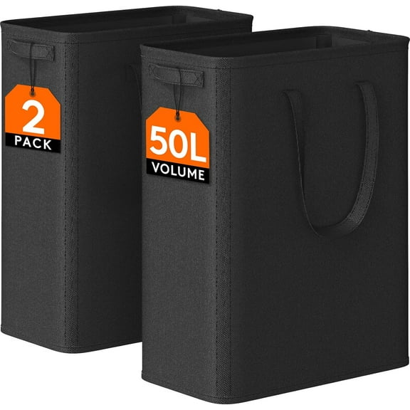 Slim Laundry Hamper 50L Collapsible Narrow Basket with Handles Black 2-Pack