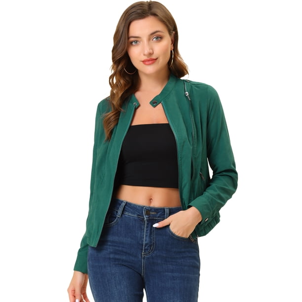 Chaqueta corta de motociclista Allegra K Piel sintética asimétrica con cremallera frontal mujer lago verde M