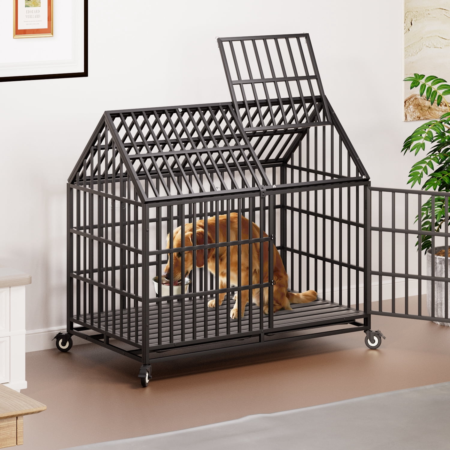 Ufyerutg 50'' Indestructible Heavy Duty Dog Crate, Escape Proof Strong Steel Impact Pet Cage for Large Giant Dogs, High Anxiety Sound Proof Chewproof Kennel Double Door with Trays and Wheels