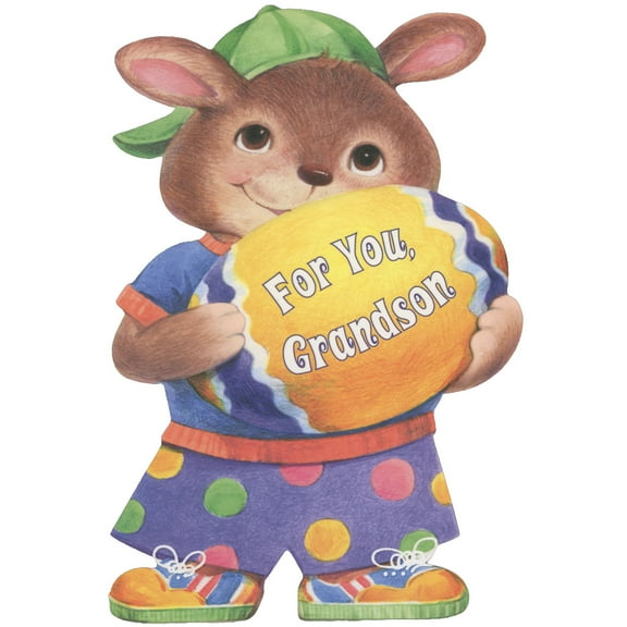 Designer Greetings Cute Boy Bear with Green Cap Holding Large Egg Die Cut Juvenile Easter Card for Grandson