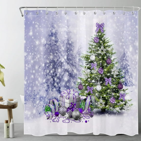 Christmas Tree Shower Curtain Xmas Pine Tree Snowflake Snowy Scene Shower Curtains Purple Silvery Christmas Balls Gifts Winter Forest Bathroom Curtain Fabric Durable Hook-60"W x 72"L (Pack of 1)