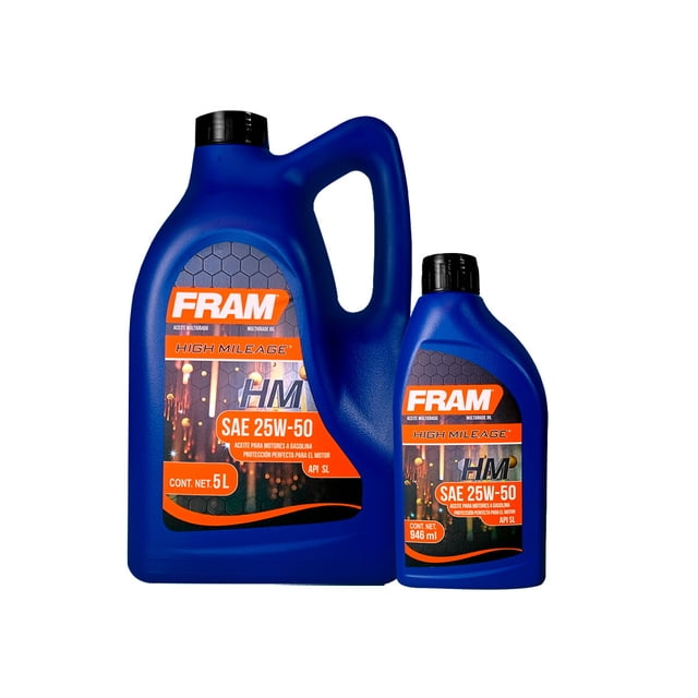 Aceite Mineral Fram Alto Kilometraje 25W50 Garrafa + Botella FRAM