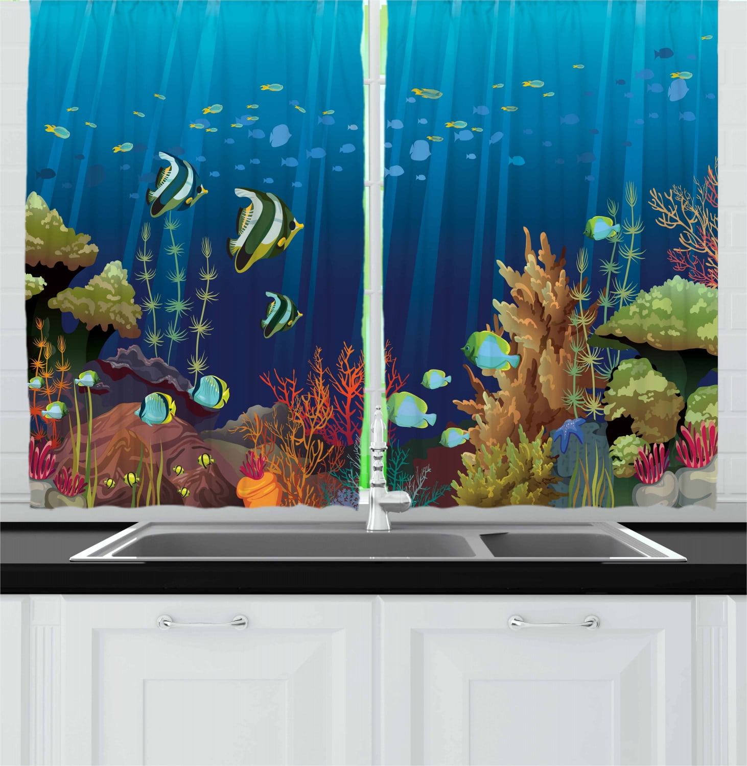 Under the Sea Curtains 2 Panels Set, Coral Reef with Sea Creatures Tropical Oceanic Life Exotic Fishes and Seaweed, Window Drapes for Living Room Bedroom, 55W X 39L Inches, Multicolor, by Ambesonne