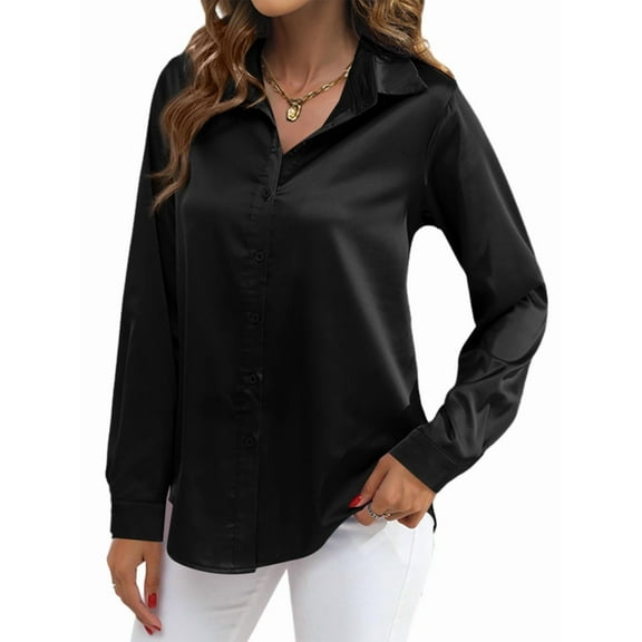 Satin Blouses for Women Silk Button Down Shirts Long Sleeve Business Casual Tops Black XL