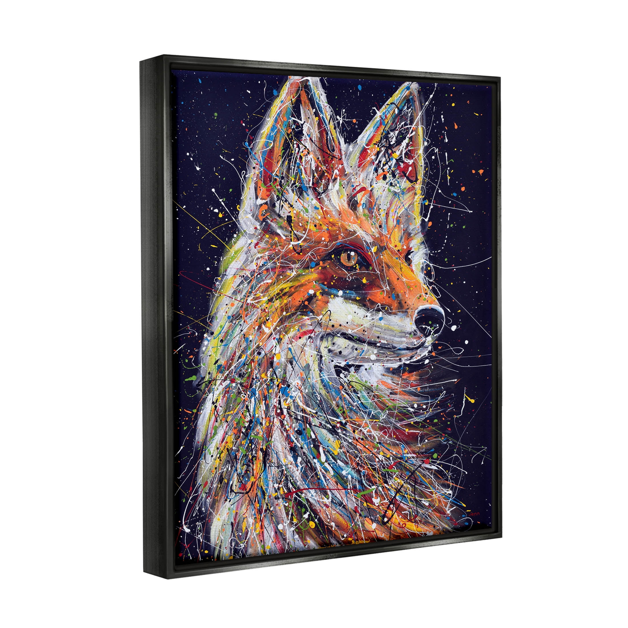 Contemporary Fox Urban Splatter Animals & Insects Painting Jet Black Framed Art Print Wall Art