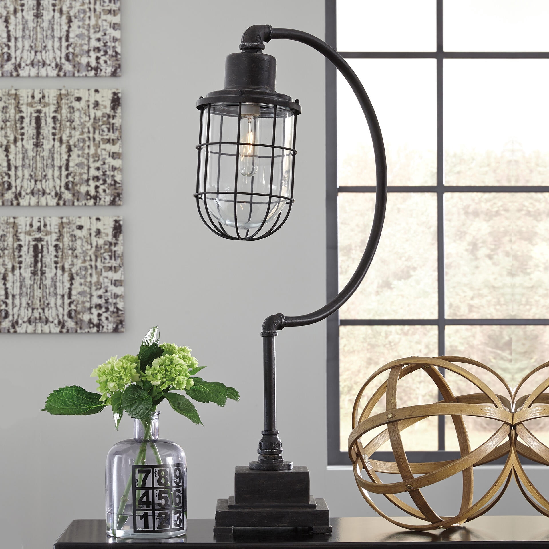 Signature Design by Ashley Jae Metal Desk Lamp, Black, Industrial Cage Desk Lamp with Glass Shade