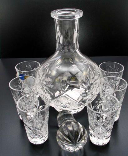 Russian European Cut Crystal Liqueur,Vodka  Decanter & 6 Shot Glasses in Box 