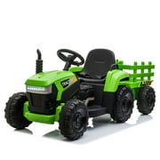 TOBBI 12V Electric Battery-Powered Ride On Toy Tractor Trailer, Green