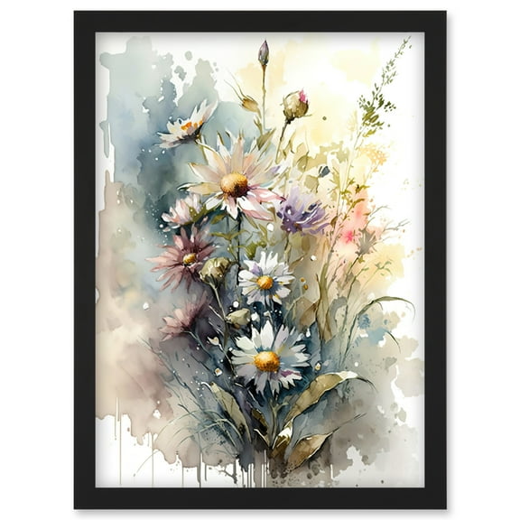 Wild Flower Daisies in Bloom Modern Boho Watercolour Painting Artwork Framed Wall Art Print A4