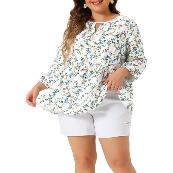 Agnes Orinda Women's Plus Size Tops Babydoll Keyhole Ruffle 3/4 Sleeve Floral Blouses 3X White