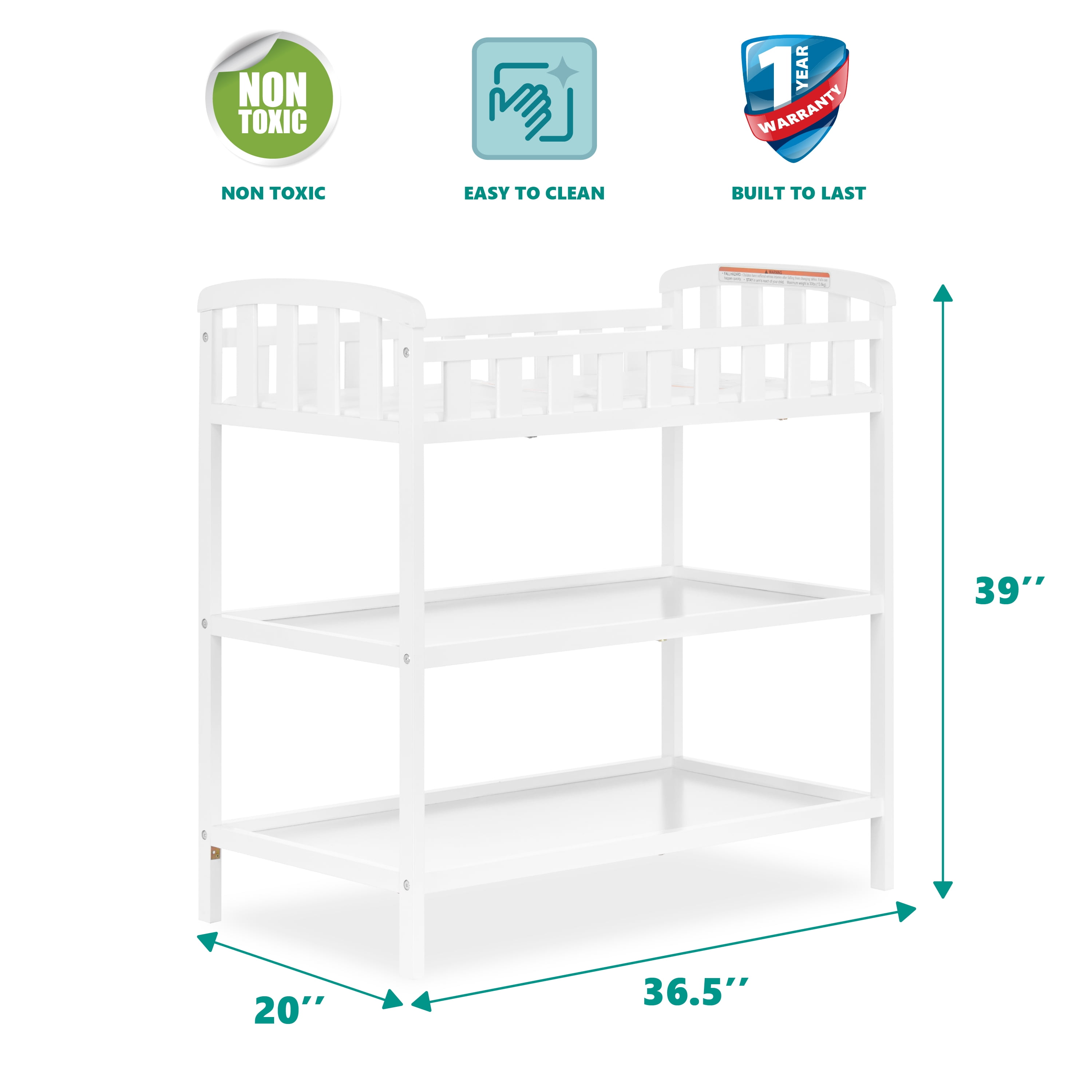 Dream On Me Emily Baby Changing Table with 2 Shelves and Changing Pad, White