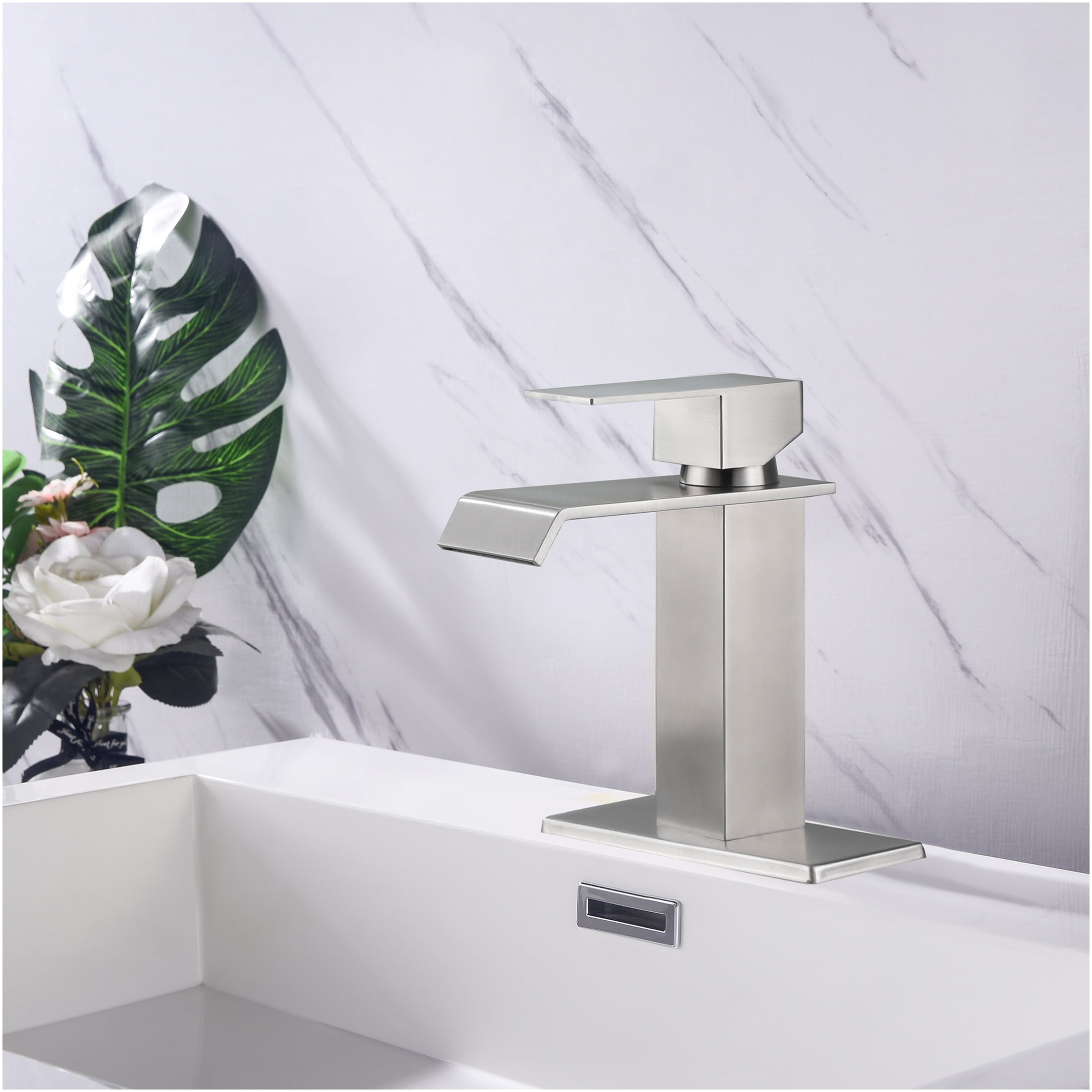 JERFIT Brushed Nickel Single Handle Bathroom Sink Faucet, Waterfall Spout Vanity Faucet with Pop-Up Drain, 1-Hole Mount, CUPC Certified