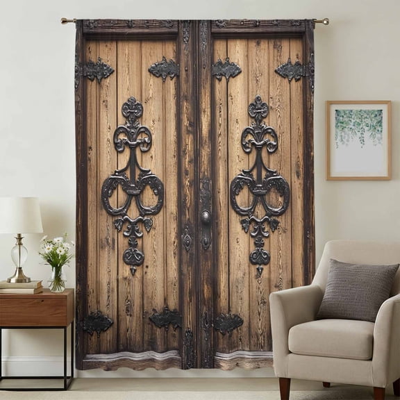 Barn Door Sheer Curtains 54 Inches Long, Farmhouse Wooden Grain Rustic Tribal Pattern Light Filering Curtains, Breathable Simi Curtain Privacy Drapes for Kitchen Bathroom Small Window Treatment