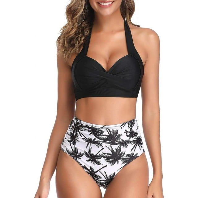 Traje de baño vintage para mujer, bikini retro de dos piezas con cuello halter fruncido y cintura alta