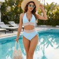 thumbnail image 3 of MLDRA Women Bikini Sets Push Up Swimsuits Tummy Control Bathing Suit Color Block 2 Piece High Waisted Drawstring Swim suits Light Blue, 3 of 8