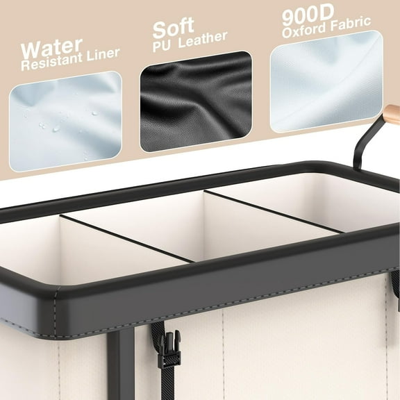 60 Gal (230L) Laundry Hamper 3 Section with Lid, Leather Patchwork Laundry Sorter with Rolling Lockable Wheels and Handle, Laundry Basket Organizer for Laundry Room, Bedroom and Bathroom - White