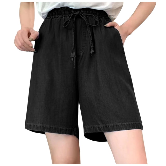 WILLBEST Pantalones Cortos Vaqueros Casuales de Cintura Alta para Mujer, Ligeros y Cómodos, con Cordón Ajustable y Cintura Elástica, para Uso Diario. Mediana
