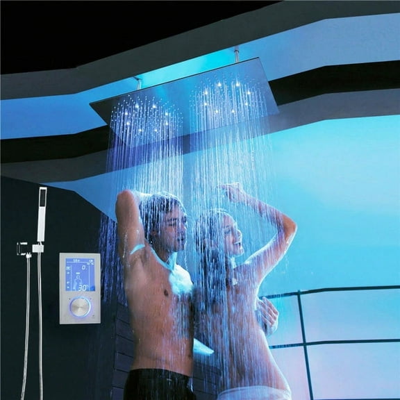 Juno 16" * 32" Luxury Dual LED Dual Rain Shower Head Ceiling Mount Shower Brushed Rain Shower