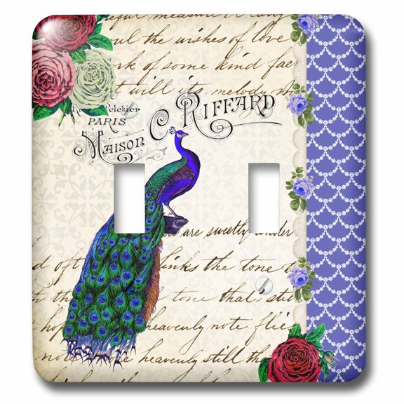 3dRose, Vintage Peacock on cream - Red Roses Flowers - Royal Blue - Fancy stylish elegant handwriting text, double toggle switch