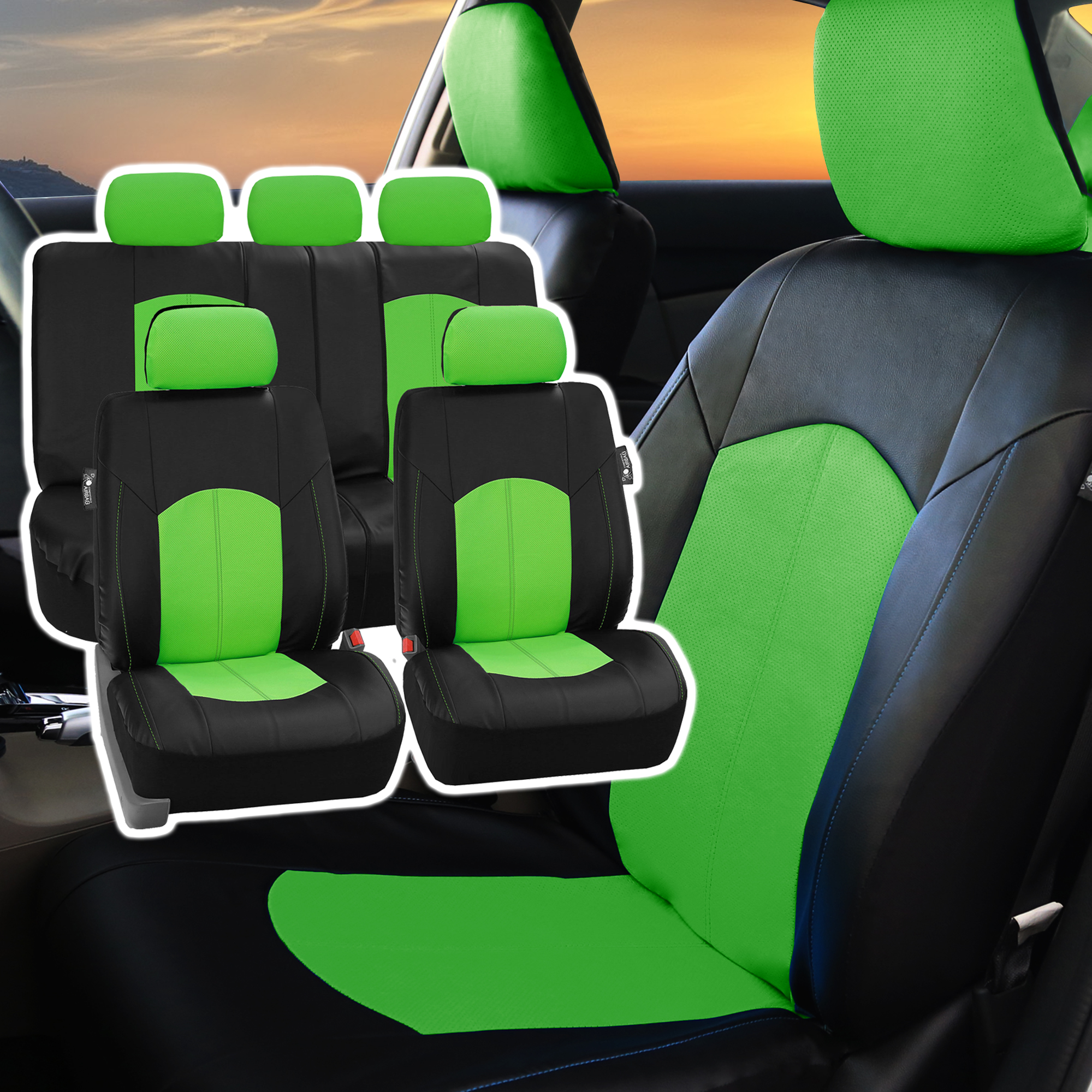 FH Group, Green Black Deluxe Leather Seat Covers Full Set w/ Free Air Freshener, Airbag Compatible / Split Bench Covers - image 3 of 10