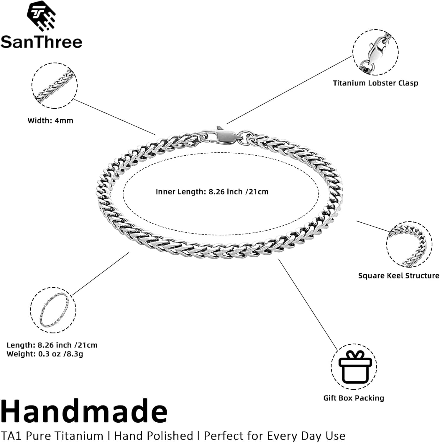 SanThree 4mm Solid Pure Titanium Link Bracelets for Men Women, Ultra Light 4-Side Square Keel Welded Shinny Twist Bracelet for Grandpa Father Boyfriend Valentines Birthday Gifts, 8.26”