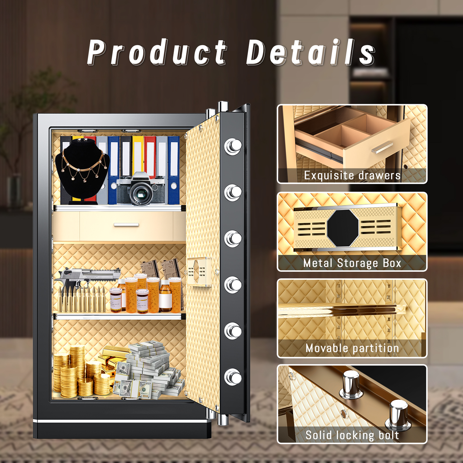 [2025 New] FABAO 8.1 Cu Ft Extra Large Home Safe,with Fireproof Waterproof Bag, Heavy Duty Digital Security Safe, Built-In Drawer and Removable Shelf for Storing Cash and Valuables (Keypad Lock)