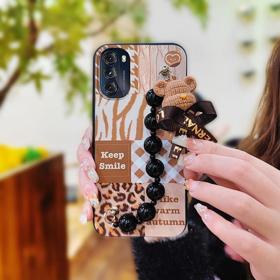 LYM-Phone Case For MOTO G 5G 2022, Skin-friendly feel Simplicity Anti-knock soft case Black pearl pendant Bear bracelet Cartoon Waterproof protective case cute Dirt-resistant Back Cover