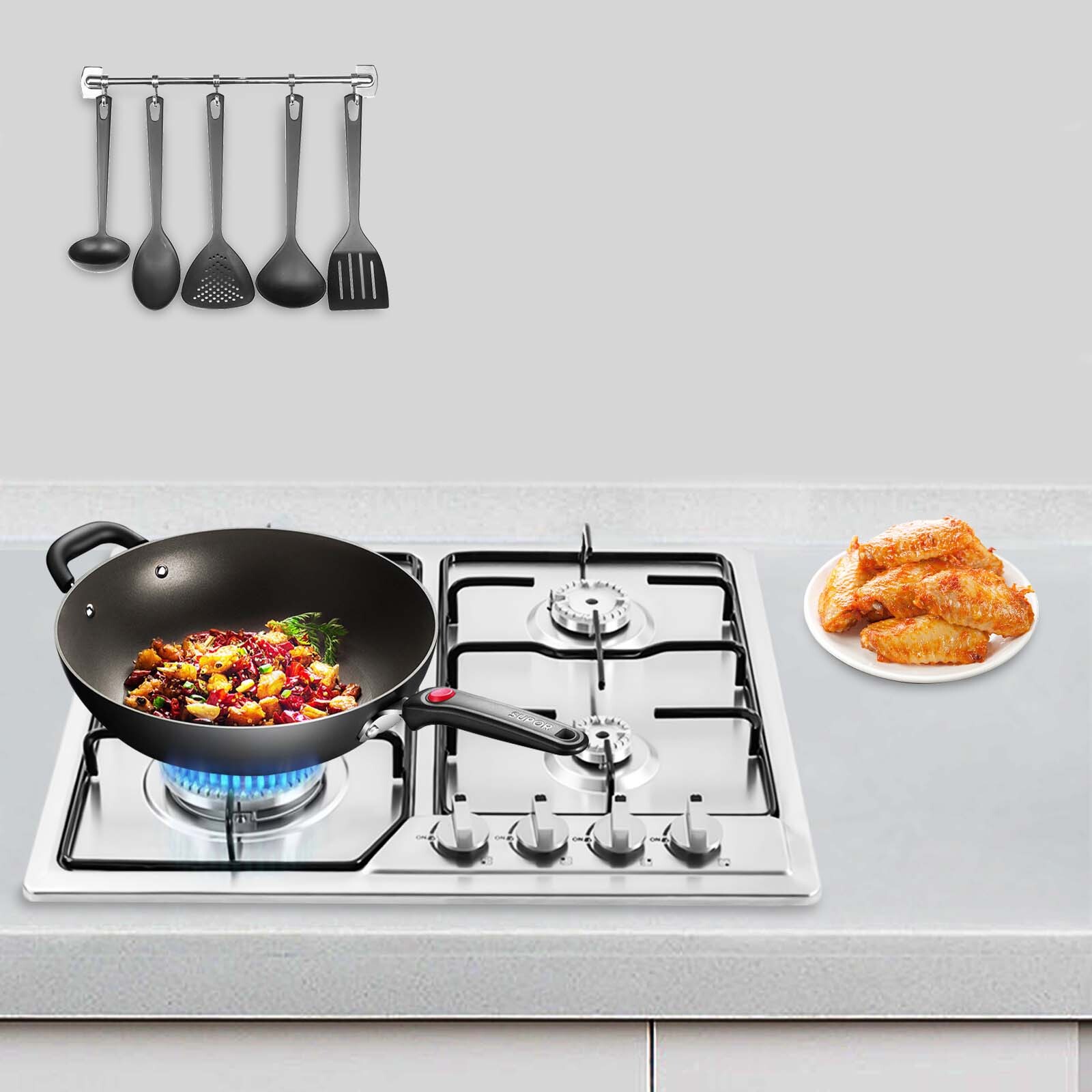 22"x20" Built in Gas Cooktop 4 Burners Stainless Steel Stove Top NG/LPG Gas Hob for Home,Restaurants
