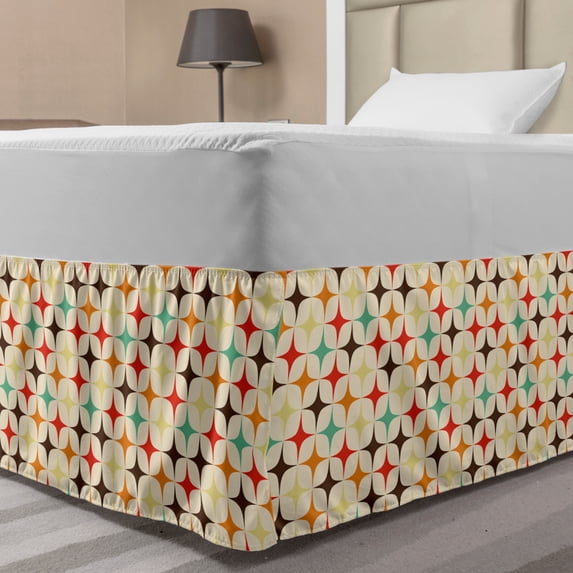 Yellow and Brown Bed Skirt, Retro-Themed Geometric with Colorful Stars, Elastic Bedskirt Dust Ruffle Wrap Around for Bedding Decor, 4 Sizes, Orange Champagne, by Ambesonne