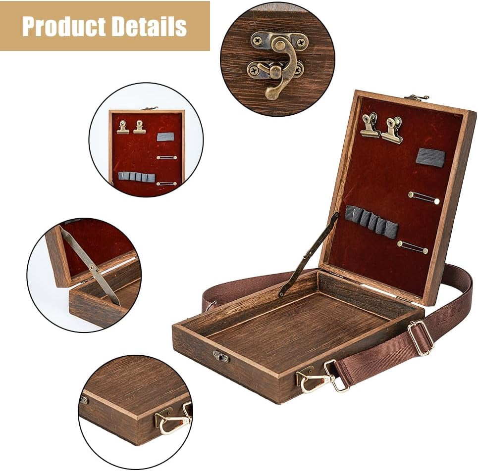 Writers Messenger Wood Box Tabletop Easel Box Painting Brush Tool Storage Cage Portable Storage Easel Box with Band for Outdoor Painting Drawing Sketching Writing