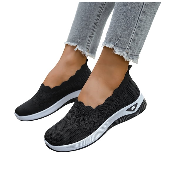 Women's Woven Orthopedic Breathable Shoes Comfortable Walking Sneakers with Arch Support Walking Slip on Tenis Shoes Black Size 6