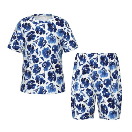 Luyuia Blue Roses Print Girls  2-Piece Tie-Dye Pajama Set  Cute Summer Loungewear with Shirt and Tank Shorts Nightwear-4X-Large