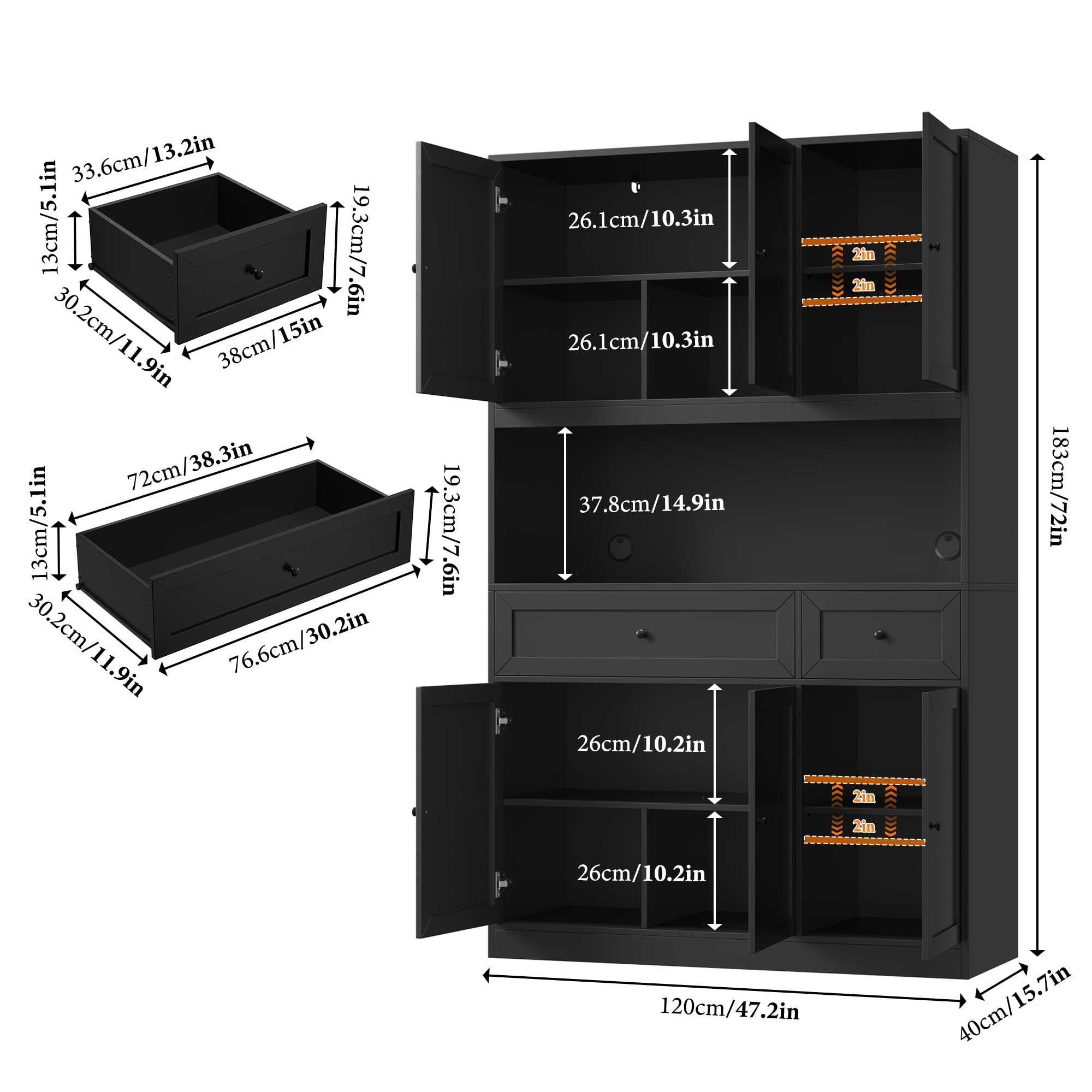 Homfa 72" Tall Kitchen Pantry with Microwave Shelf, Freestanding Kitchen Cupboard, Floor Cabinet for Dining Room, Black