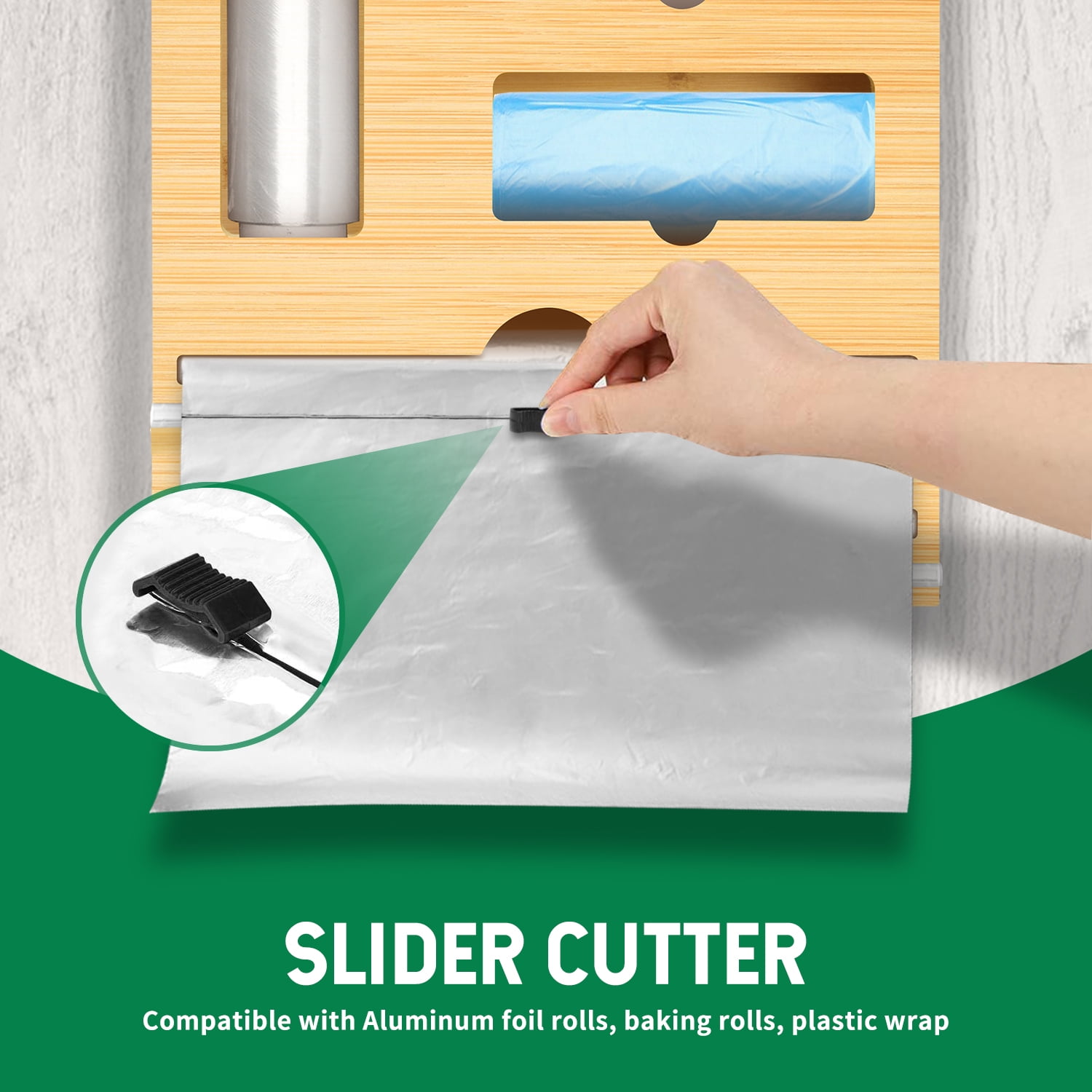 Ziplock Bag Storage Organizer for Kitchen Drawer & Wrap Dispenser with Cutter, 6 in 1 Bamboo Organizer Compatible with 12" Aluminum Foil Roll, Suitable for Gallon, Quart, Sandwich Bags, Roll etc