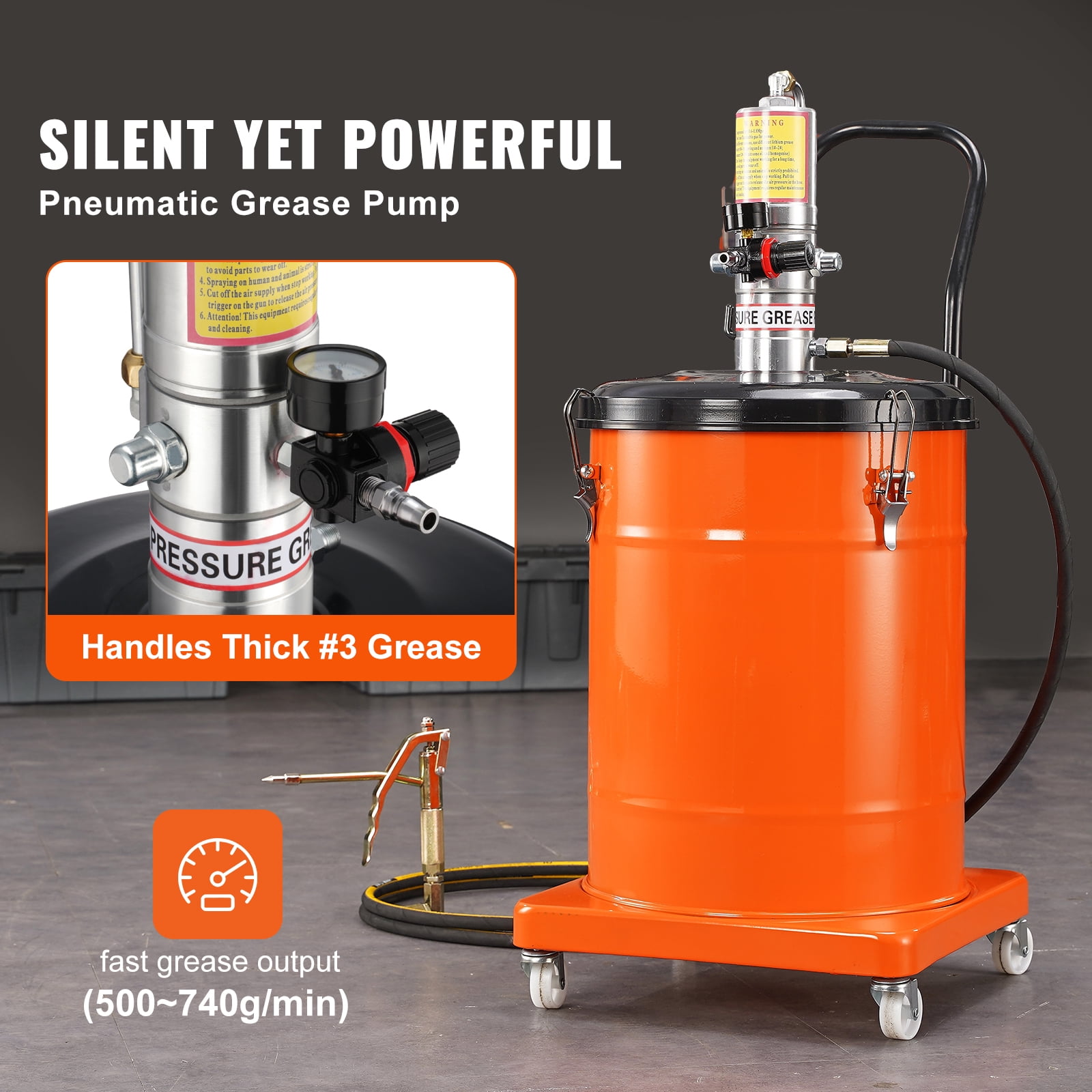 KFFKFF 10.5 Gallon 40L Air-Powered Grease Pump with 13 ft High-Pressure Hose and Grease Gun, Mobile Pneumatic Grease Bucket with Wheels, 50:1 Pressure Ratio for Efficient Lubrication
