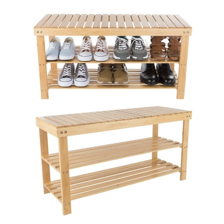 Bamboo Shoe Rack Bench with 2 Shelves-Eco-Friendly Natural Wood Seat Storage and Organization-For Bedroom, Entryway, Hallways, Closets by Lavish Home