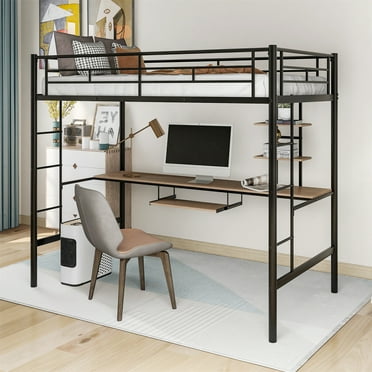 Metal Loft Bed with Desk and Bookshelves, Twin Loft Bed with 2 Built-in Ladders and Full-length Guardrail for Kids