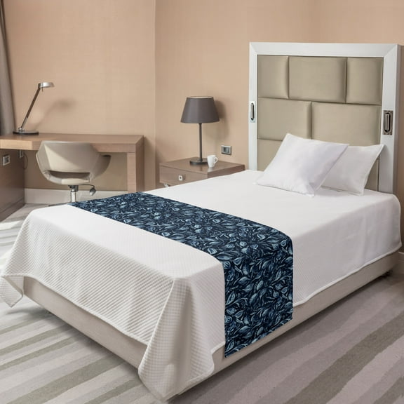 Botanical Bed Runner, Continuous Pattern with Leafy Branches, Decorative Accent Bedding Scarf for Hotels Homes and Guestrooms, Twin, Night Blue Sky Blue, by Ambesonne