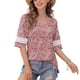 thumbnail image 4 of Camiseta con cuello en V y abertura lateral, puños de encaje sueltos, media manga, Top informal de moda para mujer, patrón rojo XL, 4 of 7