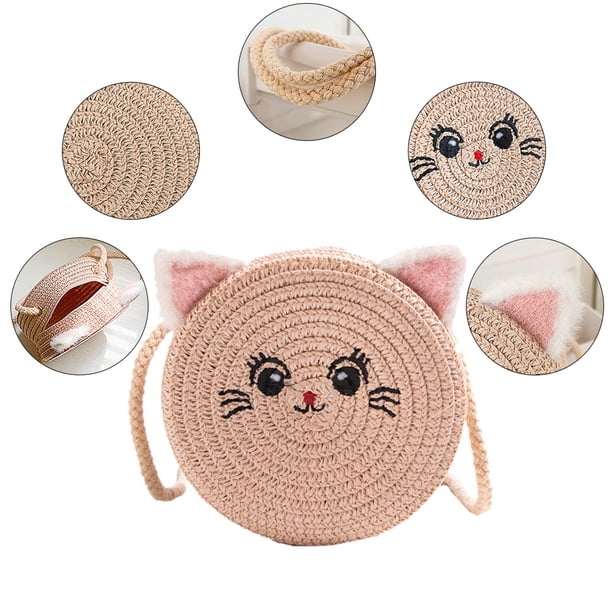 Bolsa Bonito tejido a mano con forma de gato, pequeño de paja redondo a la moda para chicas, sencillo, portátil, elegante, hecho a mano, con personalidad para viajes de vacaciones Ndcxsfigh Para Estrenar