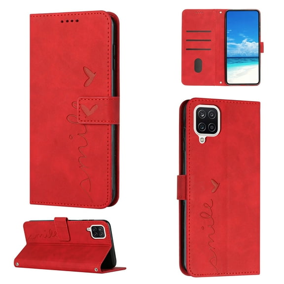 For Samsung A42 Case 5G Wallet Cover, PU Leather Kickstand Credit Card Pocket Slots Wrist Strap Magnetic Folio Heart Patterned Embossed Flip Cover for Samsung Galaxy A42 5G, Red