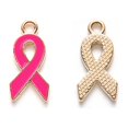 thumbnail image 2 of Alloy Enamel Pendants Cadmium Free & Lead Free Awareness Ribbon Shape Light Gold Plated Deep Pink 20x10x2mm Hole: 2mm, 2 of 2