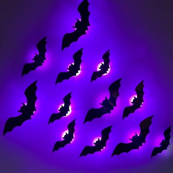 Halloween 3D Lighted Bats, LED Glowing Bat Stickers Wall Decor Light, Hanging Bat Decorations for Indoor Outdoor Windows Bedrooms Halloweens Party